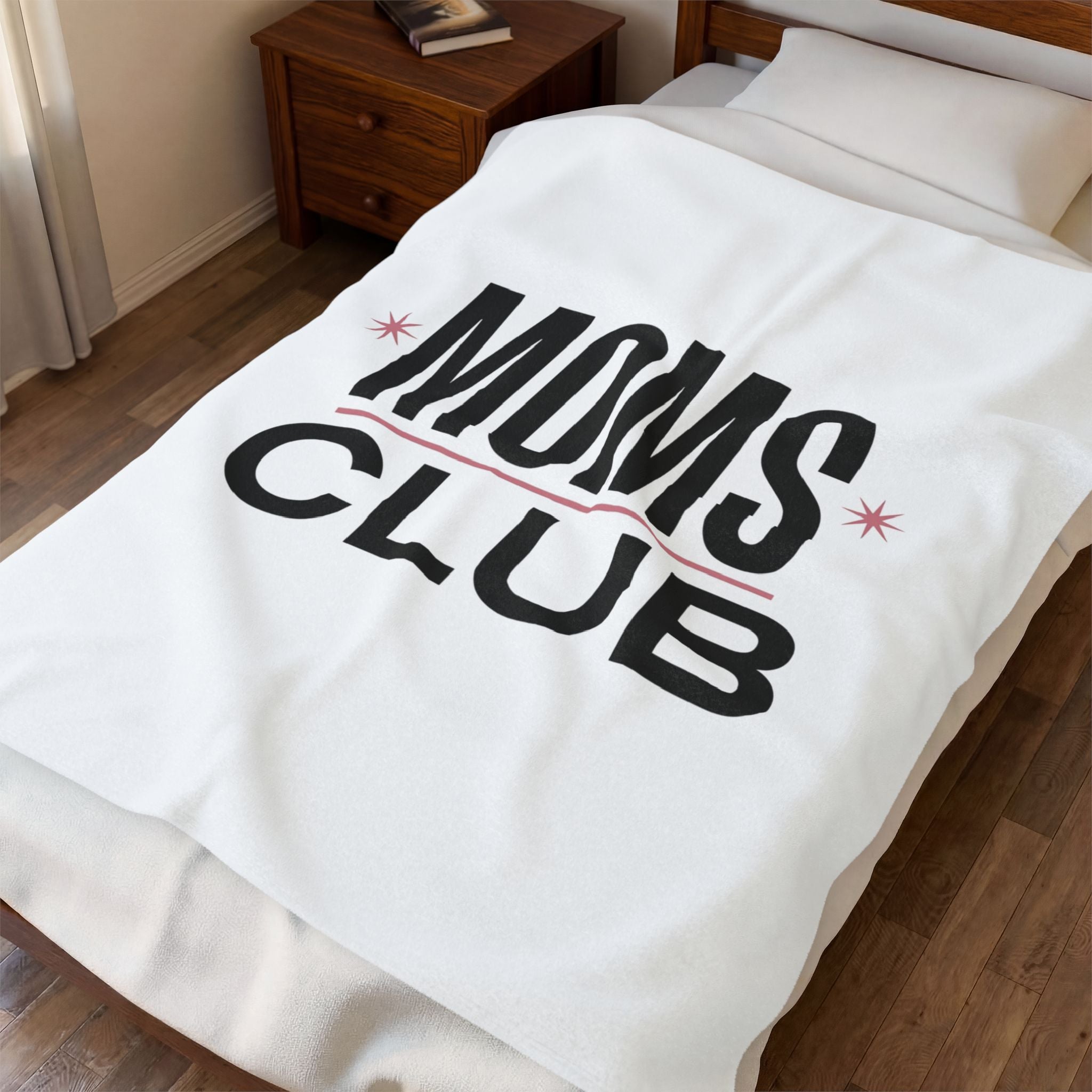 MOMS CLUB Velveteen Plush Blanket | Minimal Typographic Mom, Mother’s Day Minimal